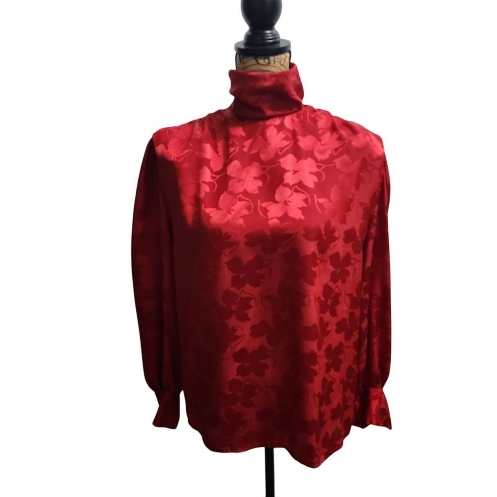 Vintage Red Satin‎ Floral Ann Klien Jacquard Button-Up Blouse Size 10